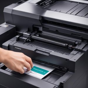 Close-up of a toner cartridge being inserted into a Laser Jet Printer All In One, emphasizing the long-lasting and efficient nature of toner.