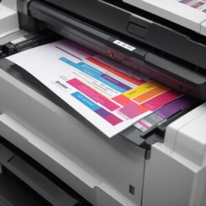 Close-up of a vibrant, professional-quality document being printed by an HP Color LaserJet printer, showcasing sharp text and rich colors.