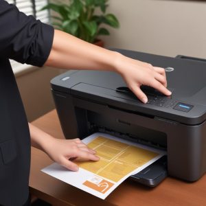 Close-up of an HP Deskjet 1050 All-in-One J410 Series printer with a hand pointing to an error light, symbolizing troubleshooting. The background is a home office desk with a laptop.