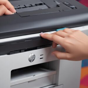 Close-up of an HP Deskjet printer's control panel, showing a finger pressing a button to scan a document, with vibrant colors in the background illustrating quality.