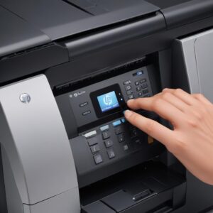 Close-up of an HP Officejet 4500 All-in-One Printer G510g control panel with a hand pressing a button, symbolizing quick solutions.
