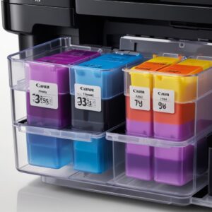 Close-up of the Canon Pixma G3290 printer's ink tank system, clearly showing the transparent tanks filled with colored ink. The focus is on the easy refill design and visible ink levels.