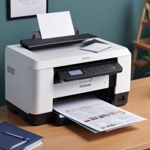 Close-up sebuah printer All-in-One Ink Tank modern berwarna putih di meja kantor dengan beberapa lembar kertas tercetak dan botol tinta di sampingnya, menunjukkan kemudahan penggunaan.