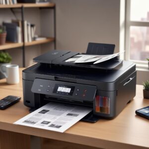 Close-up shot of Canon Pixma G4010 Black printer on a modern desk, showing its sleek design and the transparent ink tanks. A smartphone screen wirelessly connected to the printer.