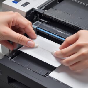 Close-up shot of a hand using a cotton swab to gently clean a paper sensor inside an open Epson printer, with dust particles highlighted.