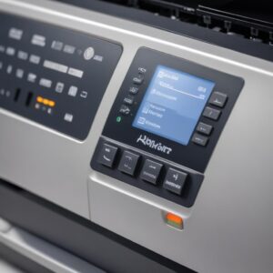 Close-up shot of a laser printer's control panel, showing clear buttons for print, copy, scan, and a small digital display. The focus is on ease of use and multifunctionality.