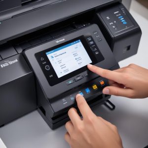 Close-up shot of an Inkjet All In One Printer's control panel, showing a user-friendly touchscreen displaying options for print, scan, and copy, with a hand gently touching the screen.