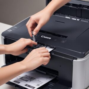Close-up shot of hands refilling the ink tank of a Canon Pixma G2010 Printer All In One Ink Tank with an ink bottle, demonstrating the ease and spill-free design. Bright and clear lighting.