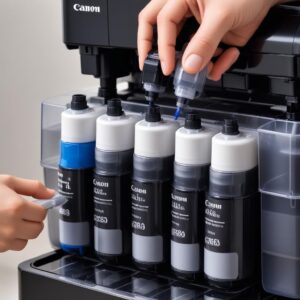 Close-up shot of the Canon G3010's ink tank system, showing bottles of ink being refilled cleanly, highlighting the economical and easy refill feature.