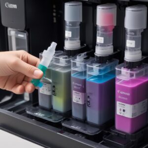 Close-up shot of the Canon G7020's MegaTank system with clear visible ink tanks being refilled cleanly with colored ink bottles, emphasizing the ease and mess-free nature of ink replenishment.