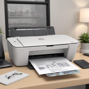 Close-up shot of the HP Deskjet Printer 2800e All-in-One Series in a modern home office setting, with a laptop and smartphone nearby, showing its compact design.