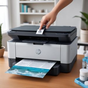 Close-up sistem pengisian tinta HP Smart Tank 5105 yang bersih dan mudah, menunjukkan botol tinta anti-tumpah.