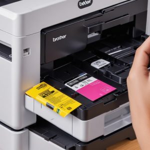 Close-up sistem tinta INKvestment Tank pada Brother MFC-J4335DW menunjukkan cartridge tinta berkapasitas besar dan tulisan'Brother Genuine Ink'.