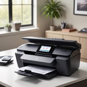 Close-up view of a sleek, modern Hp All In One Jet Printer, showing its control panel and paper tray, with a smartphone wirelessly connected to it. The background is a clean home office setup with natural light.