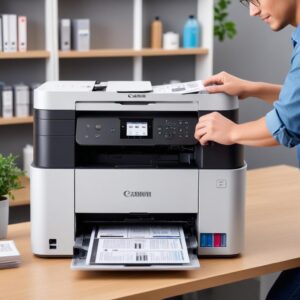 Close-up view of the Canon Maxify Megatank GX7060 showing its large ink tanks and a user easily refilling ink from bottles. The printer is sleek and modern in a bright office setting.