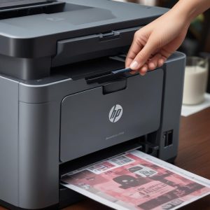 Closeup dari tangki tinta isi ulang pada printer HP Smart Tank, dengan botol tinta sedang menuangkan isinya, menunjukkan kemudahan pengisian ulang dan konsep hemat tinta.