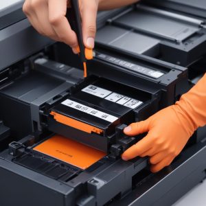Foto close-up orang sedang mengisi ulang tinta printer ink tank, menunjukkan aspek biaya operasional jangka panjang.