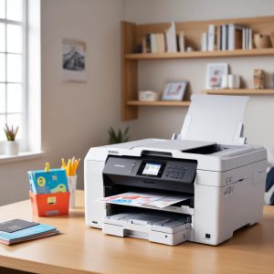 Ilustrasi 3D Brother All In One Printer MFC-J4335DW berwarna putih dengan dokumen keluar dari baki output dan layar sentuh LCD menampilkan ikon menu, di atas meja kantor yang rapi dengan beberapa kertas dan pena.