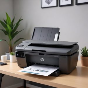 Ilustrasi 3D modern dari berbagai model printer HP All-in-One (DeskJet, OfficeJet Pro, Smart Tank) yang berjejer rapi di atas meja kantor atau rumah minimalis, dengan ikon-ikon kecil di atasnya yang mewakili fungsi cetak, scan, dan fotokopi. Warna-warna cerah dan tone optimis.