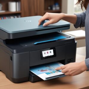 Ilustrasi close-up tangan yang sedang mengisi ulang tinta ke tangki Printer All In One HP Smart Tank 580, menunjukkan botol tinta anti tumpah yang pas dengan lubang, dengan latar belakang lingkungan kantor rumah yang bersih dan modern.
