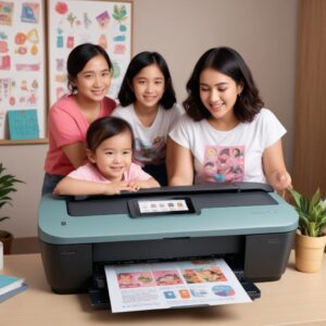 Ilustrasi keluarga (ayah, ibu, dan dua anak) yang tersenyum di sekitar Printer All In One HP Smart Tank 580, dengan anak-anak memegang hasil cetakan foto berwarna cerah, menunjukkan kemudahan penggunaan dan hasil cetak berkualitas untuk kebutuhan rumah tangga.