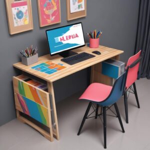 Ilustrasi meja kerja desainer grafis modern dengan laptop, tablet grafis, palet warna, dan sebuah printer all-in-one elegan di sudut, menunjukkan proses cetak.