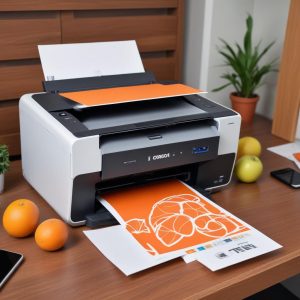 Ilustrasi orang sedang tersenyum puas menggunakan All In One Printer, dengan background kantor atau rumah yang rapi. Printer terlihat modern dan sedang mencetak dokumen.