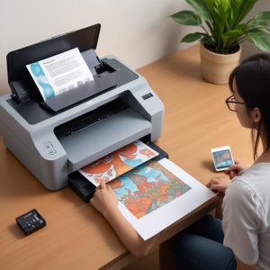 Ilustrasi orang yang frustrasi dengan printer yang macet dan kartrid tinta kosong, lalu beralih ke HP Smart Tank 5105 dengan senyum lega.
