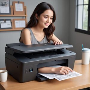 Ilustrasi seorang mahasiswa sedang mencetak banyak dokumen dari Printer All In One HP Smart Tank 580 yang ringkas di meja belajarnya, dengan tumpukan kertas di samping printer, menunjukkan efisiensi dan kapasitas cetak tinggi.