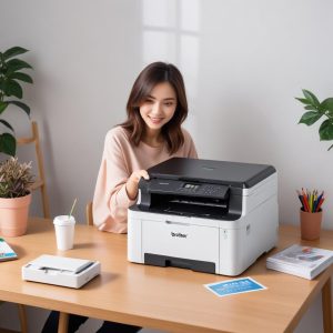 Ilustrasi seorang wanita tersenyum lega setelah mencetak dokumen penting dengan cepat dan mudah menggunakan Brother All In One Printer J1010dw yang ringkas di meja kerjanya.