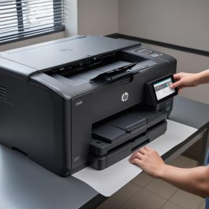 Ilustrasi tiga ikon fungsi (printer, scanner, copier) menyatu dalam satu siluet printer HP Laser Jet, dikelilingi oleh panah yang menunjukkan kecepatan dan efisiensi.