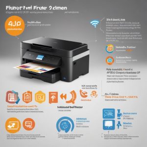 Infografis perbandingan fitur-fitur printer all-in-one yang berbeda, seperti Wi-Fi, Duplex, ADF, dan kecepatan cetak.