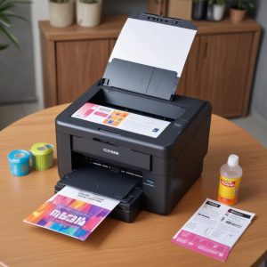 Rak tumpukan kertas berwarna-warni di samping All In One Printer, dengan botol tinta atau cartridge yang tersusun rapi, menunjukkan opsi perawatan dan pasokan.