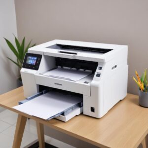 Sebuah printer all-in-one modern berwarna putih bersih di atas meja kerja kayu dengan beberapa dokumen dan pena di sekitarnya, menunjukkan lingkungan rumah yang rapi.