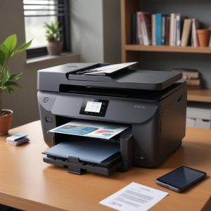 Seorang pemuda sedang tersenyum puas di depan HP Laser Jet Printer All-in-One yang sedang mencetak dokumen dengan cepat di meja kantornya yang rapi. Tangan kirinya memegang smartphone yang menunjukkan aplikasi printer.