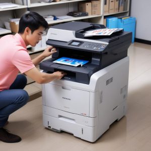 Seorang pria muda dengan ekspresi senang sedang melihat dokumen hasil cetakan berwarna yang tajam dari sebuah printer multifungsi laser di mejanya yang rapi.