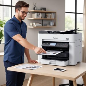 Seorang pria tersenyum puas di depan Canon G7020 All In One Printer yang modern, dengan tumpukan dokumen rapi di meja kantor rumahnya, menunjukkan efisiensi dan kepuasan.