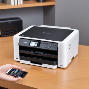 Seseorang sedang mencetak dokumen dari smartphone ke Brother MFC-J4335DW melalui koneksi wireless, dengan latar belakang lingkungan kantor modern.