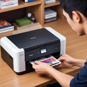 Tampilan antarmuka aplikasi Brother iPrint&Scan di smartphone, menunjukkan opsi untuk mencetak foto atau dokumen, dengan Brother All In One Printer J1010dw di latar belakang.