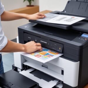 Tampilan close-up bagian depan printer all-in-one yang sedang mencetak, dengan tumpukan kertas hasil cetak di baki keluaran, dan tangan sedang mengeluarkan hasil cetak.