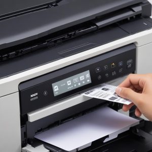 Tampilan close-up dari panel kontrol All In One Printer dengan layar sentuh, menunjukkan berbagai ikon fungsi (print, scan, copy, Wi-Fi).