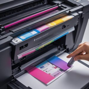 Tampilan close-up sebuah tangan sedang memasang cartridge toner berwarna ke dalam printer laser jet all in one, dengan lampu indikator berwarna-warni di latar belakang.