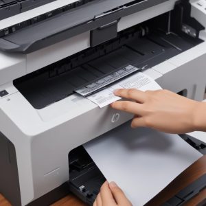 Tampilan close-up tangan yang sedang membersihkan debu dari bagian dalam printer HP Laser Jet dengan sikat kecil yang lembut. Terlihat beberapa tumpukan kertas bersih di samping printer.