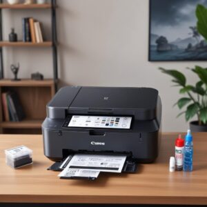 Tangan sedang mengisi ulang tinta pada tangki transparan Canon G7020 All In One Printer dengan botol tinta original, menyoroti kemudahan dan desain anti-tumpah.