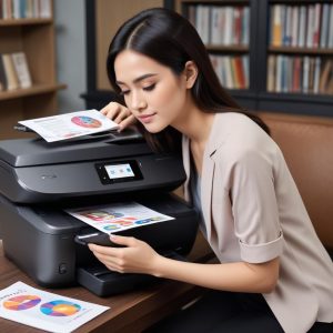 Tangan yang sedang menggunakan smartphone dengan aplikasi HP Smart, menampilkan opsi cetak nirkabel ke printer HP All-in-One yang terlihat di latar belakang. Fokus pada kemudahan konektivitas dan mobile printing.
