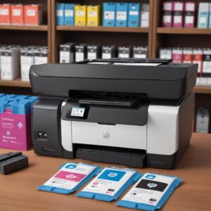 Various HP ink cartridges (original HP) displayed next to an HP Deskjet printer, emphasizing efficiency and cost savings for small business or home use.