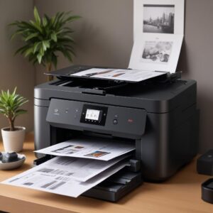 Various high-quality prints (documents, vibrant photos) neatly stacked next to a Canon Pixma G4010 Black printer, showcasing its output capability for home office use.