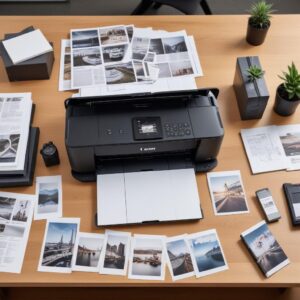Various types of high-quality prints from Canon G7020 (documents, photos, graphics) spread on a desk, highlighting the versatility and excellent print quality for different tasks.